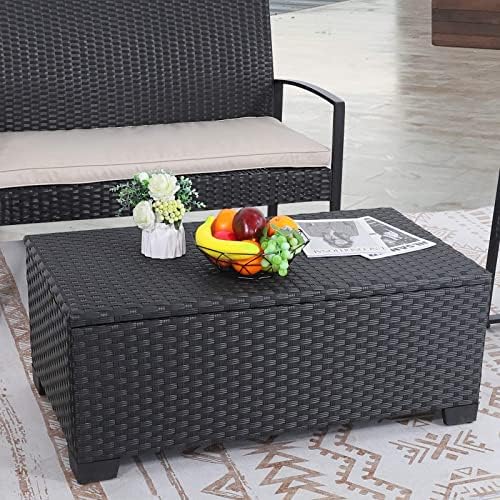 Rattaner Patio Coffee Table with Storage Wicker Outdoor Coffee Table and All-Weather Wicker Side Table with Waterproof Cover, Black by Rattaner