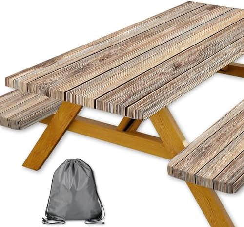 Picnic Table Cover with Bench Covers Camping Essentials Farmhouse Waterproof Windproof Wood Grain Camping Tablecloth Fitted Tablecloth Cover with Elastic Edge for Indoor & Outdoor 3 PCS 30x72 Inch by Xguatan