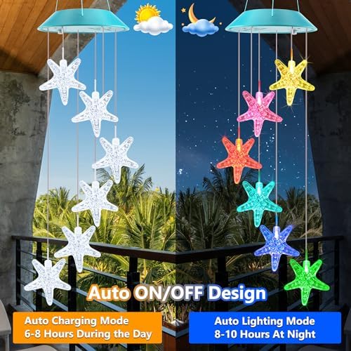 Solar Wind Chimes Outdoor, Color Changing Starfish Gift for Mom Grandma - Image 2