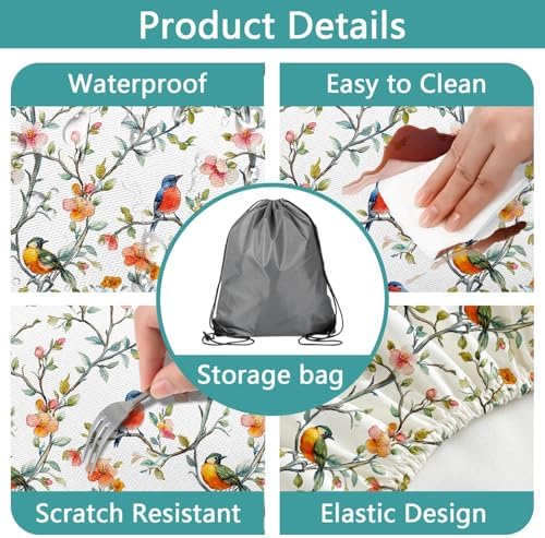 Bird Branch Picnic Table Cover with Bench Covers and Bag, Camping Essentials, Spring Summer Floral Waterproof Windproof, Fitted Tablecloth Cover with Elastic Edge for Outdoor Garden 3 PCS 30x60 Inch - Image 5