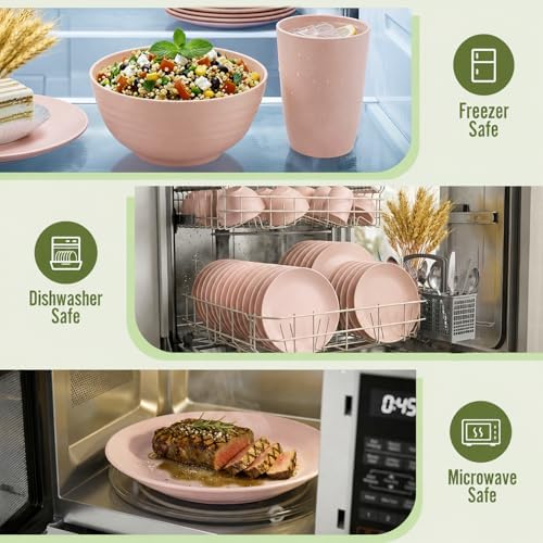 Wheat Straw Dinnerware Sets for 8, 40 Piece Unbreakable Dinnerware Set, Plates and Bowls Sets, Kitchen Plates and Bowls Set, Lightweight Dish Set for Travel Camping Party Outdoor Use - Muted Pink - Image 6