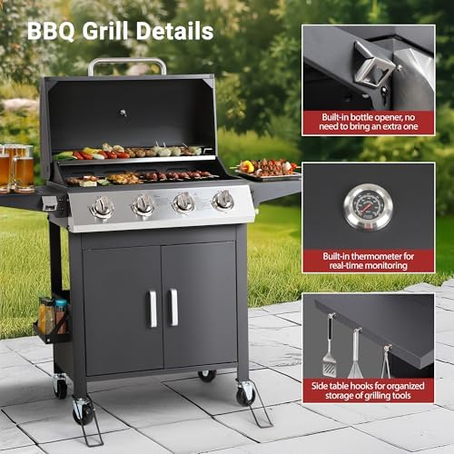 HUGROVE 40,000 BTU Propane Gas Grill, 4 Burner Outdoor BBQ Grill - Image 4