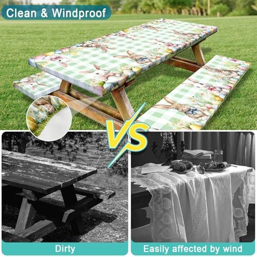Easter Picnic Table Cover with Bench Covers, Camping Essentials, Easter Buffalo Plaid Rabbit Eggs Flower Outdoor Table Covers, Waterproof, Fitted Tablecloth Cover with Elastic Edge, 3 PCS, 30x96 Inch - Image 5