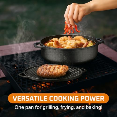 Bruntmor 6.8 Quart Cast Iron Skillet with Reversible Grill Griddle Lid - 3-in-1 Round Cast Iron Pan for Frying, Grilling, Dutch Oven Cooking - Roasting Pan with Lid, Camping Cookware, Black - Image 2