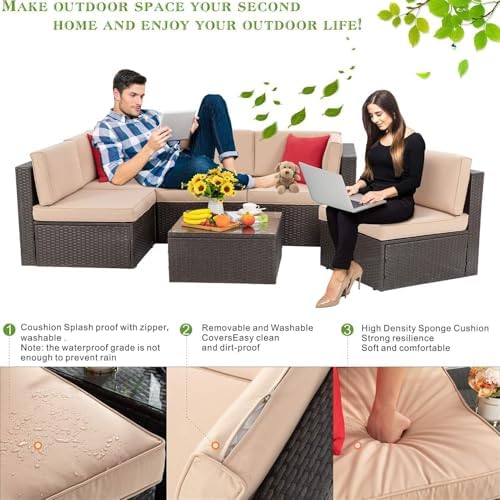 Vongrasig 7 Piece Patio Furniture Set with Propane Fire Pit, Outdoor Conversation Sets Wicker Rattan Sectional Sofa with Coffee Table, 43” Propane Gas Firepit Table with Lid, Beige - Image 5
