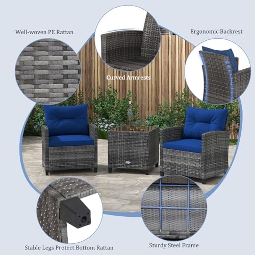KOTEK 3 Piece Patio Furniture Set, Outdoor PE Rattan Conversation Set with Washable Cushions & Tempered Glass Tabletop, Wicker Chairs and Table Set for Porch, Garden, Balcony (Navy) - Image 3
