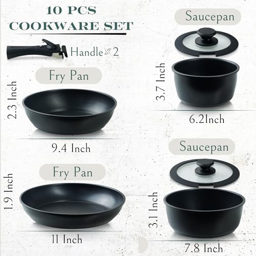 Moss & Stone 10-Piece Nonstick Pots and Pans Set, Removable Handle Cookware - Image 2