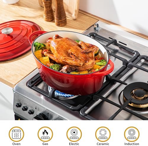 Velaze 7.5 QT Oval Enameled Cast Iron Dutch Oven Pot with Lid,Red - Image 2