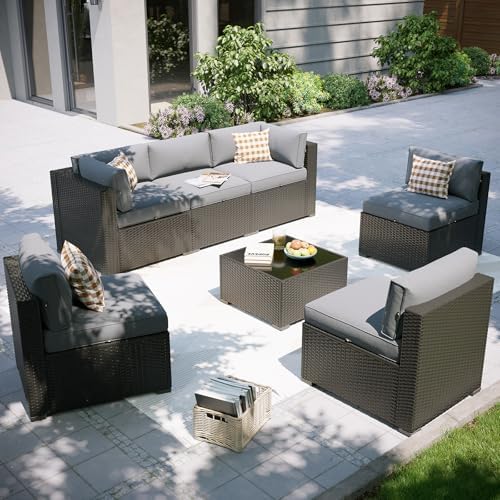 Aoxun Patio Furniture Set, 7 Piece Outdoor Sectional Sofas with Waterproof Cover, Wicker Rattan Outdoor Furniture Patio Conversation Set for Backyard, Garden Light Grey by Aoxun