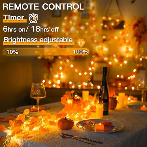 suddus Vine with Fairy Lights Battery Operated, 33ft 100 LED Eucalyptus Leaf String Lights with Remote, Dimmable Fall Garland with Lights for Bedroom Indoor Thanksgiving Christmas Decor (Warm White) - Image 3