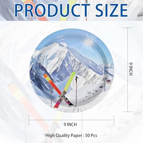 50Pcs Winter Ski Paper Plates 9 Inch Heavy Duty Disposable Skiing Snowy Mountain Dessert Plates Winter Mountain Ski Sport Adventure Decorations for Boys Girls Skier Birthday Holiday Party Supplies - Image 2