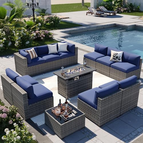 Aoxun Patio Furniture Sets, 12-Piece Outdoor Patio Furniture with 44'' Propane Gas Firepit Table, Wicker Outdoor Conversation Set Sectional Sofa for Backyard, Poolside, Garden by Aoxun