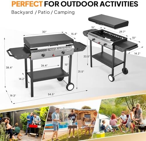 Bonnlo 2-in-1 Propane Stove and Griddle, Iginition Outdoor Gas Cooker with Storage Shelf and Portable Wheels, 2 Burner Camping Stove with 150000BTU Output for Backyard Cooking BBQ Frying and Boiling - Image 6