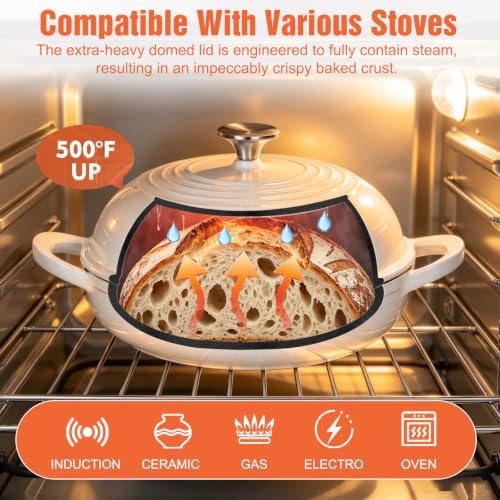 Enameled Round Cast Iron Bread Oven, 6 Qt Cast Iron Dutch Oven for Homemade Sourdough Bread Baking, Bread Pot with Dome Lid (White) - Image 3