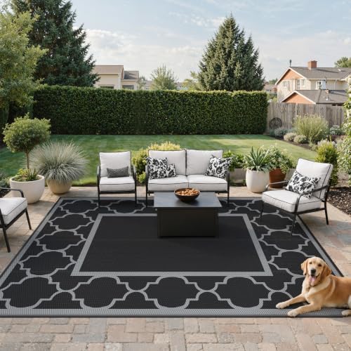 GENIMO Outdoor Rug, Waterproof Plastic Rugs for Patio, 8'x10' Black Gray - Image 2