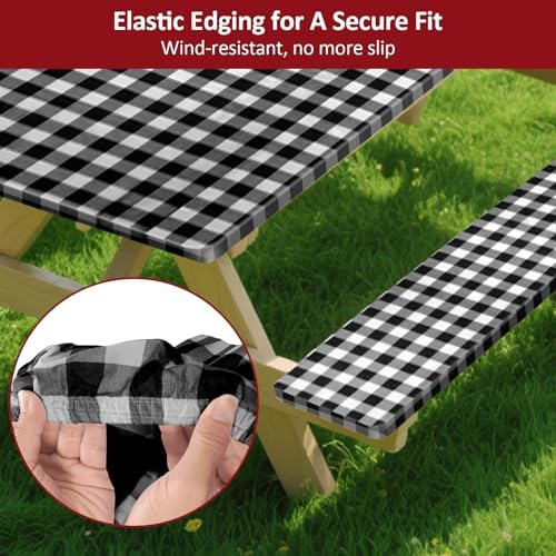 7ft 84" Picnic Table and Bench Cover, 3 Pack, Black-White Checkered - Image 4