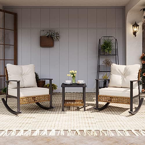 LAUSAINT HOME 3-Piece Rocking Bistro Set, Outdoor Patio Furniture with Thick Cushions and 2-Tier Coffee Table, Oversize Rattan Conversation Set for Garden, Balcony, Backyard (Beige) by LAUSAINTHOME
