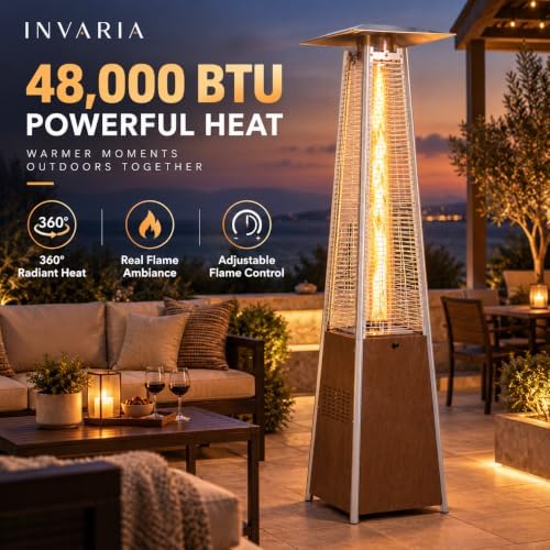 INVARIA Pyramid Patio Heater, 48,000 BTU Propane Outdoor Heater with Glass Tube Flame, ETL Certified, Triple Safety Protection, Wheels & Cover Included for Patio Backyard Poolside (Brown) - Image 2