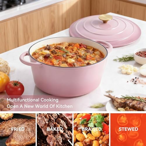 Miereirl 4.5 Quart Enameled Dutch Oven Pot with Lid, Cast Iron Dutch Oven with Dual Handles for Bread Baking, Cooking, Non-stick Enamel Coated Cookware, Pink - Image 4