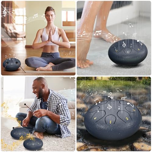 Rain Drum for Outside Garden, 6 Inches 8 Notes Steel Tongue Chakra Drums, Waterproof Echo Rain Chime Meditation Drums, Musical Instruments for Adult Gift with Bag, Music Book, Drum Mallets (Navy Blue) - Image 6