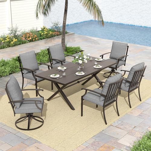 ALAULM 7-Piece Patio Dining Table and Chairs for 6 Outdoor Dining Set with 2 Swivel Chairs Patio Dining Sets with Rectangular Metal Table with Umbrella Hole for Patio, Backyard, Garden-Grey by ALAULM