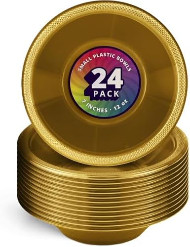 DecorRack 24 Gold Plastic Bowls, 7 in Disposable 12 oz Bowl by DecorRack
