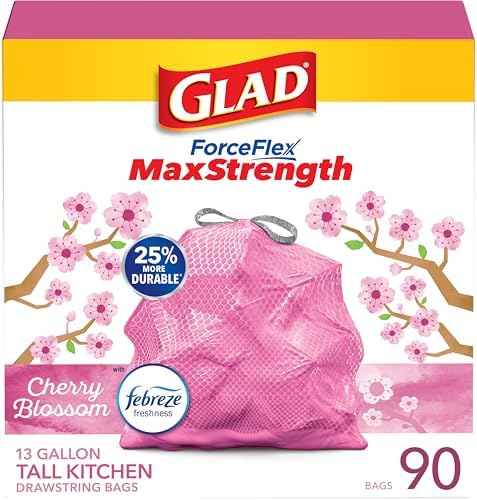 Glad ForceFlex MaxStrength Tall Kitchen Trash Bags, Rip and Tear Resistant, Cherry Blossoms Scented Pink Tall Garbage Bags, Odor Control, Febreze Freshness, 13 Gallon, 90 Count by GladTrashFoodStorage