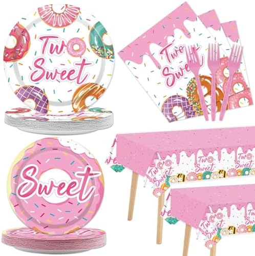 ZOIIWA 98 Pieces Two Sweet Donut Birthday Party Supplies for 24 Guests Girls Donut Tableware Set Baby Girl 2nd Birthday Paper Plates Napkins Tablecloth Decorations Table Cover Dinnerware Party Favors by ZOIIWA