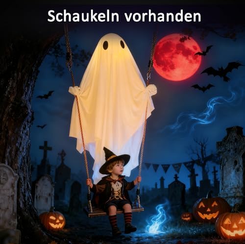 5FT Halloween Hanging Swing Ghost Decorations Outdoor with Lights, Large Hanging Swing Ghost with 6 3D Bats, Remote Timer Waterproof Ghost Decor for Front Porch Yard Tree - Image 4