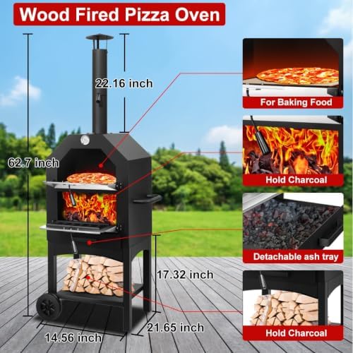 Outdoor Pizza Oven, Wood Fired Portable 550°F Pizza Maker with Stone, Peel, Grill Rack for Patio Backyard Camping,Black - Image 2