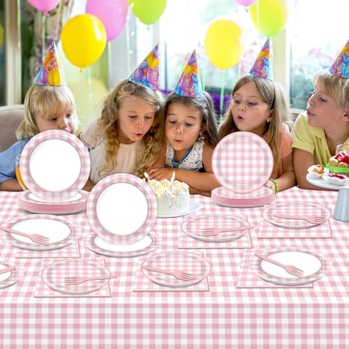 98 Pieces Pink checkered Party Supplies for 24 Guests Pink and White Checkered Tableware Set Plaid Plates Napkins Tablecloth Party Decorations for Birthday Barbecue Picnic Dinner Favors - Image 6