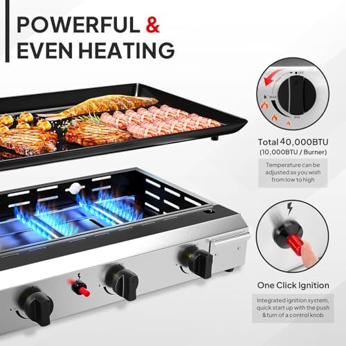 Bonnlo 4 Burner Portable Propane Griddle, 40,000BTU Gas Grill with Enameled Tray, Rolling Flat Top Grill with Electronic Ignition, Side Shelve & Regulator, Ideal for Outdoor Patio Cooking BBQ - Image 2