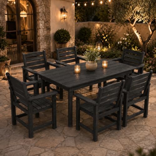 7 Pcs Outdoor Patio Dining Set, HDPE Table & Chairs with Umbrella Hole - Image 2
