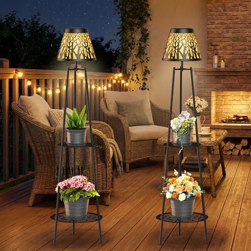 MXwcy 2-Tier Solar Plant Stand with Light, Outdoor Waterproof Floor Lamp with Tree Branch Cutout Lampshade, Tall Metal Planter Holder Display Rack for Patio, Porch, Garden, Balcony Decor (2 Pack) - Image 5