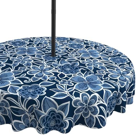 LVTXIII Round Outdoor Tablecloth with Umbrella Hole and Zipper, Water-Repellent 60 Inch Patio Table Cover for Bistro, Garden, Patio & Picnic, Flower Navy by LVTXIII