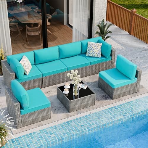 Shintenchi 7 Piece Outdoor Patio Furniture Set with Silver Rattan, Blue by Shintenchi%7CFurnitureMadeforRealLife