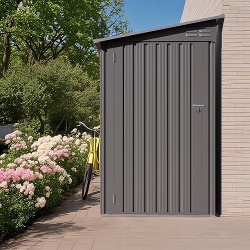 YOPTO 4x9 FT Outdoor Storage Shed,Lean to Metal Shed W/Window,All Weather Waterproof Garden Storage Shed W/ 6 Air Vents & 1 Lockable Door,Weatherproof Tool House W/Sloped Roof,for Lawn,Gray by Unknown
