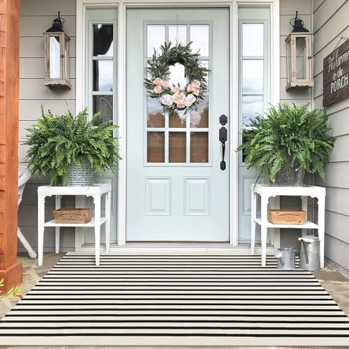 IOHOUZE 4x6 Striped Outdoor Rug, Washable Front Porch, Black Beige by iOhouze