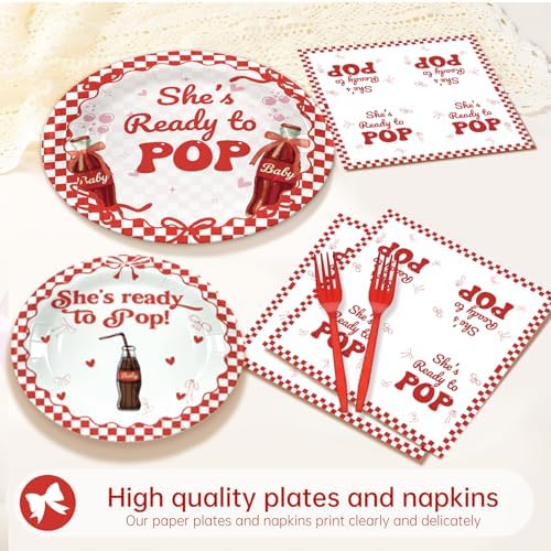 She's Ready to Pop Party Decorations 25 Guests，125 Pcs Baby Shower Paper Plates Napkins Forks Set Tableware，Disposable Red Gingham Paper Plates Set for Camping, Picnic, Baby Shower Party Decoration - Image 4