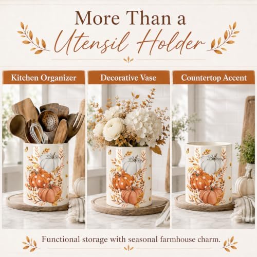 Fall Pumpkin Utensil Holder, Orange Autumn Decor Large Ceramic Utensil Holder For Kitchen Organizer, Farm 6.3'' Cooking Utensil Crocks Rustic Decor Utensil Storage Cup for Countertop - Image 7