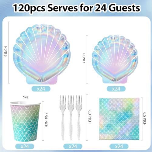 120Pcs Mermaid Paper Plates and Napkins Party Supplies,Serve 24 - Image 3