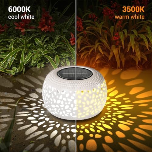 Solar Lanterns Outdoor Waterproof Lights: 2Pack White Hollow Out Metal Table Light, Outside Garden Yard Balcony Indoor Tabletop Lighting Decorations, Unique Gardening Gifts for Women Mom - Image 3