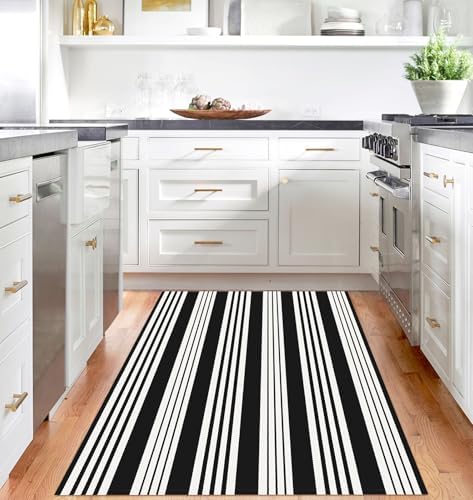 IOHOUZE 4x6 Striped Outdoor Rug, Washable Front Porch, Black White - Image 2