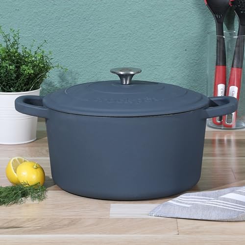 Crock-Pot Artisan 7-Quart Round European Enameled Cast Iron Dutch Oven – Matte Navy Blue, Durable Oven Safe Cookware - Image 2