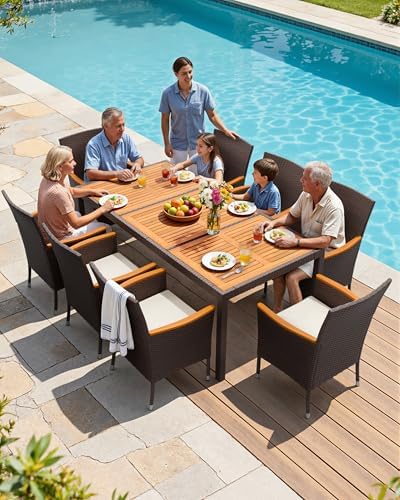 Flamaker Patio Dining Set for 8 Outdoor Acacia Wood Table and Chairs, Brown - Image 3