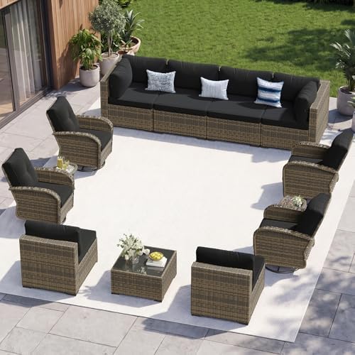 Aoxun 13 Piece Outdoor Patio Furniture Set with Coffee Table, Wicker Rattan Outdoor Furniture with High Back Swivel Rocker Chairs, Outdoor Conversation Set with Thick Cushion & Side Table, Black by Aoxun