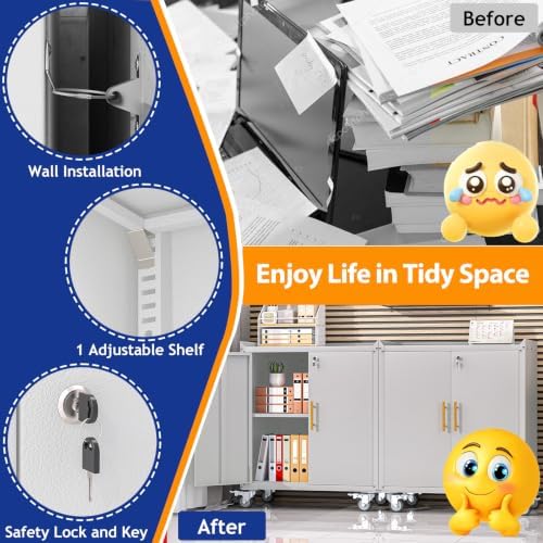 GAIOUS 35.6'' Tall Metal Garage Storage Cabinet with Wheels,Rolling File Cabinet with Lock and Adjustable Shelves,Outdoor Steel Tool Cabinet for Home,Office,Garage,White Gray - Image 5