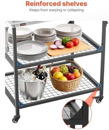 VEVOR Outdoor Grill Cart, 31.5 x 24.0 inch Stainless Steel Tabletop Size Grilling Table, Outdoor Cooking Table with 4 Wheels & Side Handle, Two Mesh Shelves, BBQ Prep Tables for Patio, Garden - Image 5