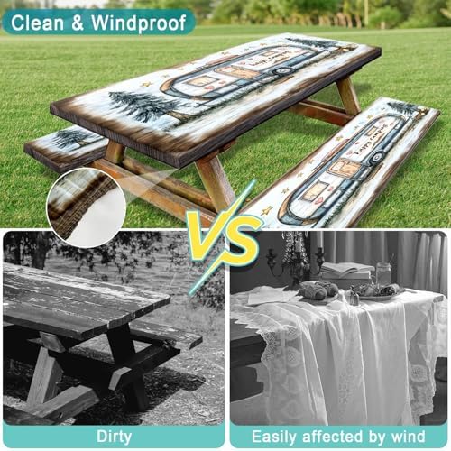 Picnic Table Cover with Bench Covers and Bag, Camping Essentials, Camper Forest Wooden Grain Outdoor Table Covers, Waterproof Windproof, Fitted Tablecloth Cover with Elastic Edge, 3 PCS, 30x96 Inch - Image 6