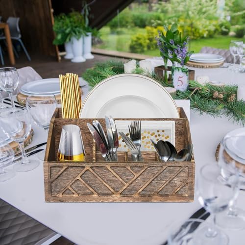 Ukonvi Paper Plate Dispenser, Paper Plate Holder for Kitchen Counter, Wood Rustic Silverware Utensil Caddy, Cutlery Flatware Organizer Box for Cups Spoons Forks Plates Napkins, Kitchen Accessories - Image 4